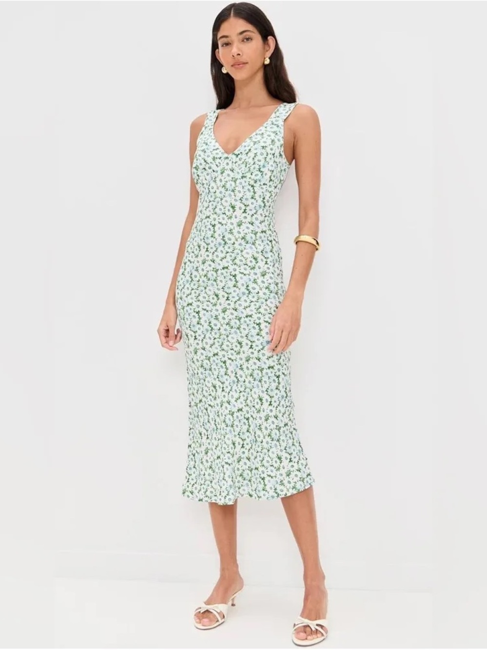 Reformation Beauden Crepe Midi Dress White and Green Floral V-Neck EUC